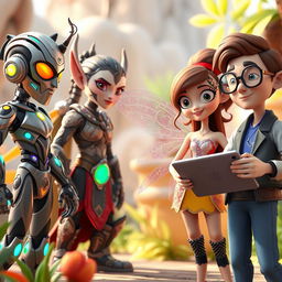 A group of five diverse 3D characters in a vibrant and imaginative setting