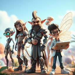 A group of five diverse 3D characters in a vibrant and imaginative setting