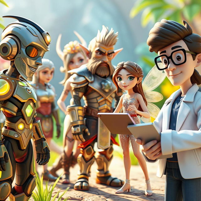 A group of five diverse 3D characters in a vibrant and imaginative setting