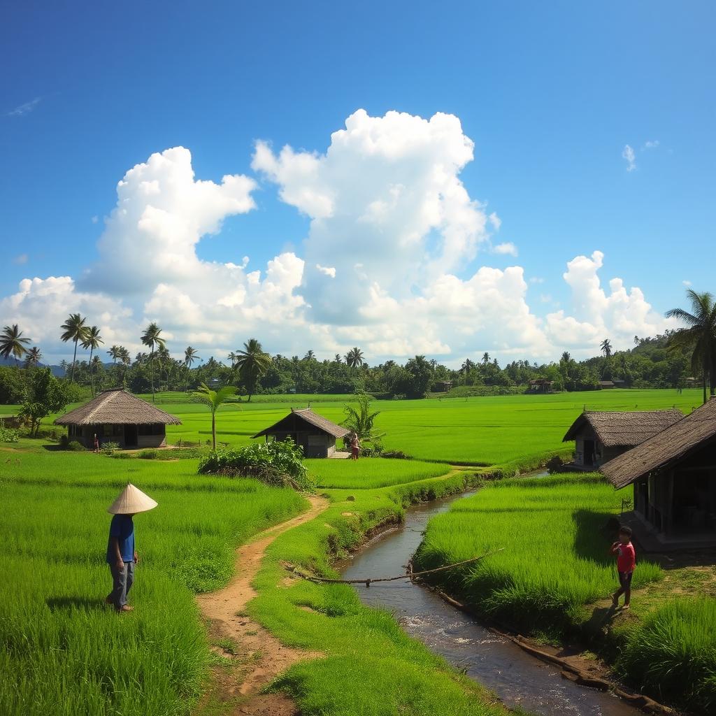 A serene and picturesque rural village in Indonesia, surrounded by lush green rice paddies and traditional Javanese houses with thatched roofs