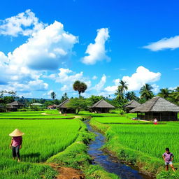 A serene and picturesque rural village in Indonesia, surrounded by lush green rice paddies and traditional Javanese houses with thatched roofs