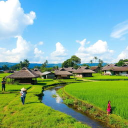 A serene and picturesque rural village in Indonesia, surrounded by lush green rice paddies and traditional Javanese houses with thatched roofs