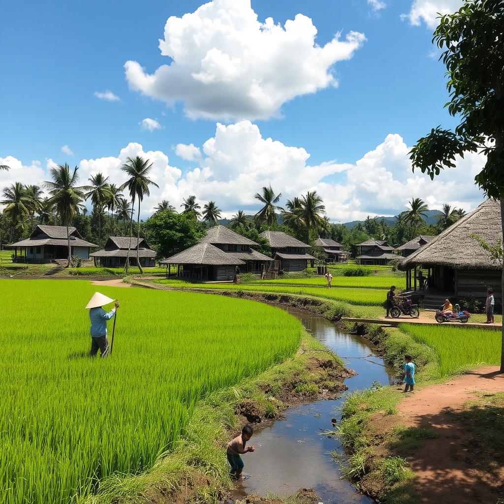 A serene and picturesque rural village in Indonesia, surrounded by lush green rice paddies and traditional Javanese houses with thatched roofs