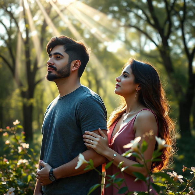 A poignant image capturing a real man and woman in a moment of self-forgiveness and liberation