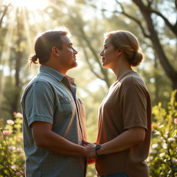 A poignant image capturing a real man and woman in a moment of self-forgiveness and liberation