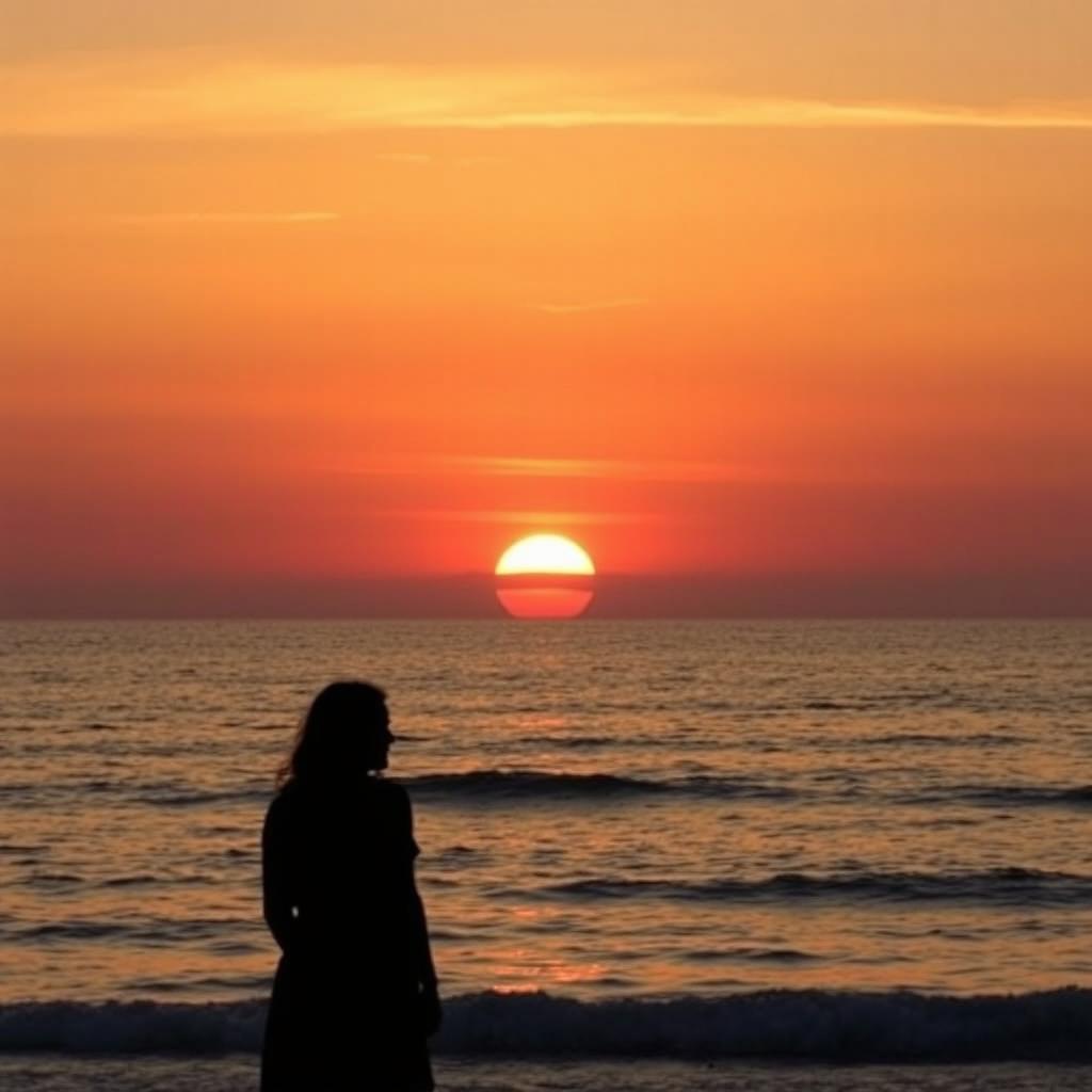 A breathtaking sunset over the sea, with a couple in the foreground gazing towards the horizon