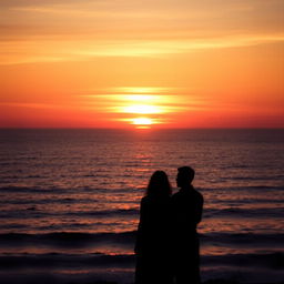 A breathtaking sunset over the sea, with a couple in the foreground gazing towards the horizon