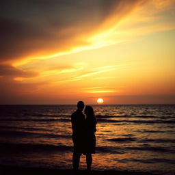 A breathtaking sunset over the sea, with a couple in the foreground gazing towards the horizon