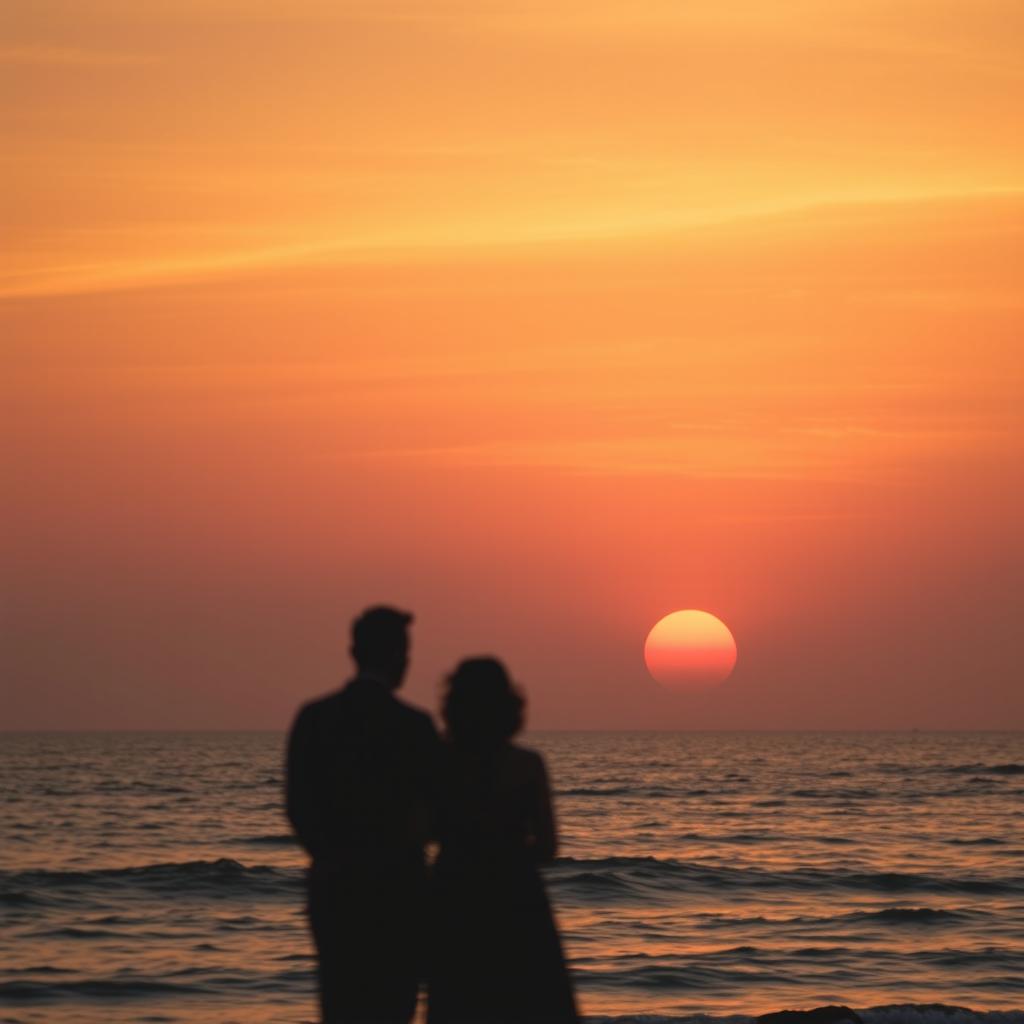 A breathtaking sunset over the sea, with a couple in the foreground gazing towards the horizon