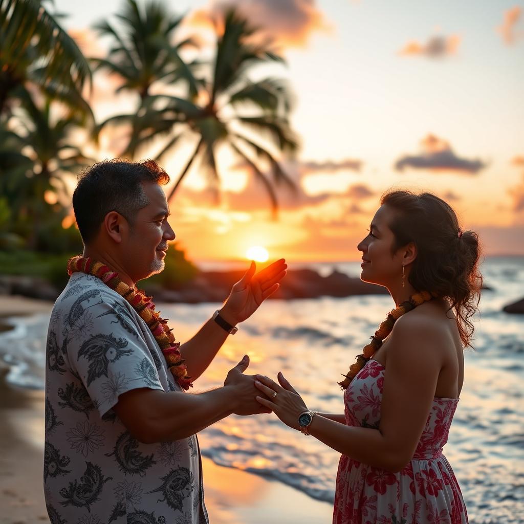 A serene and tranquil image depicting the Hawaiian practice of ho'oponopono, featuring a real man and woman engaging in the act of reconciliation and healing