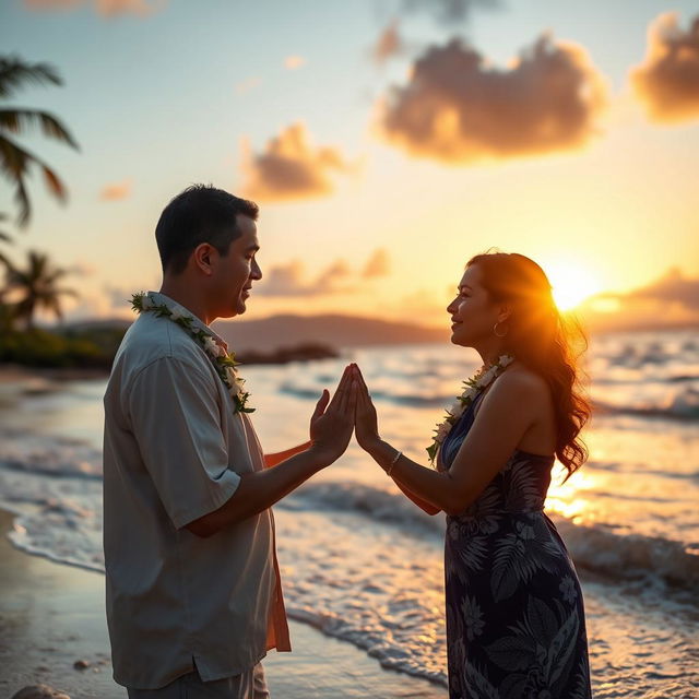 A serene and tranquil image depicting the Hawaiian practice of ho'oponopono, featuring a real man and woman engaging in the act of reconciliation and healing