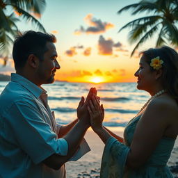 A serene and tranquil image depicting the Hawaiian practice of ho'oponopono, featuring a real man and woman engaging in the act of reconciliation and healing