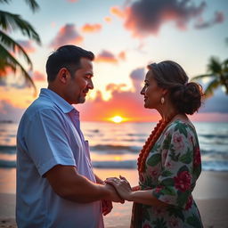 A serene and tranquil image depicting the Hawaiian practice of ho'oponopono, featuring a real man and woman engaging in the act of reconciliation and healing