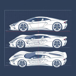 A 3D blueprint sketch of a futuristic sports car, showcasing multiple angles including front, side, back, and top views