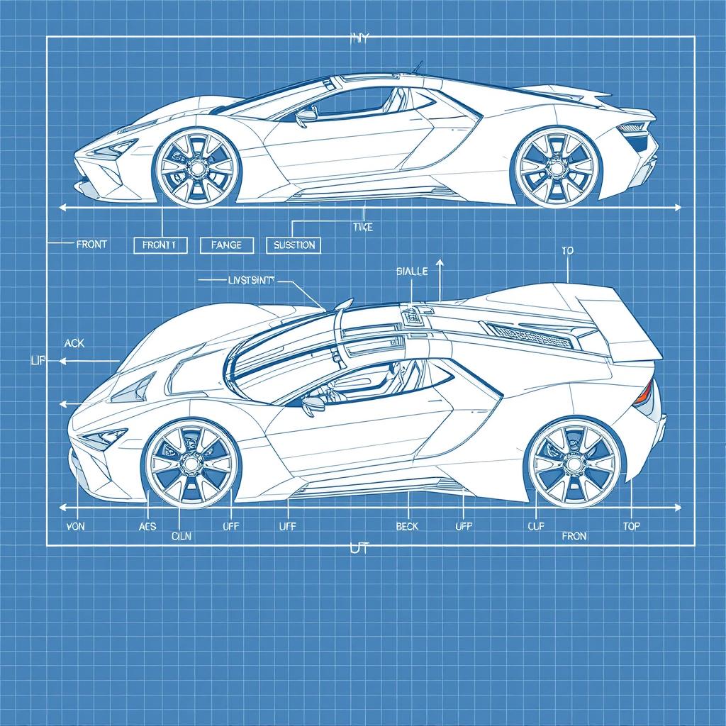 A 3D blueprint sketch of a futuristic sports car, showcasing multiple angles including front, side, back, and top views