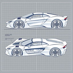 A 3D blueprint sketch of a futuristic sports car, showcasing multiple angles including front, side, back, and top views