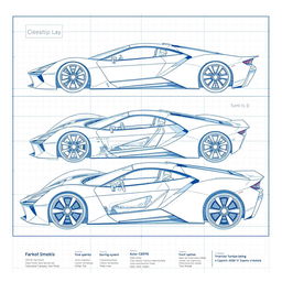 A 3D blueprint sketch of a futuristic sports car, showcasing multiple angles including front, side, back, and top views