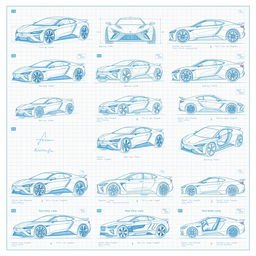 Series of 30 unique 3D blueprint sketches of various futuristic cars, each showcasing different angles such as front, side, back, and top views