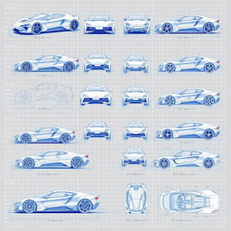 Series of 30 unique 3D blueprint sketches of various futuristic cars, each showcasing different angles such as front, side, back, and top views