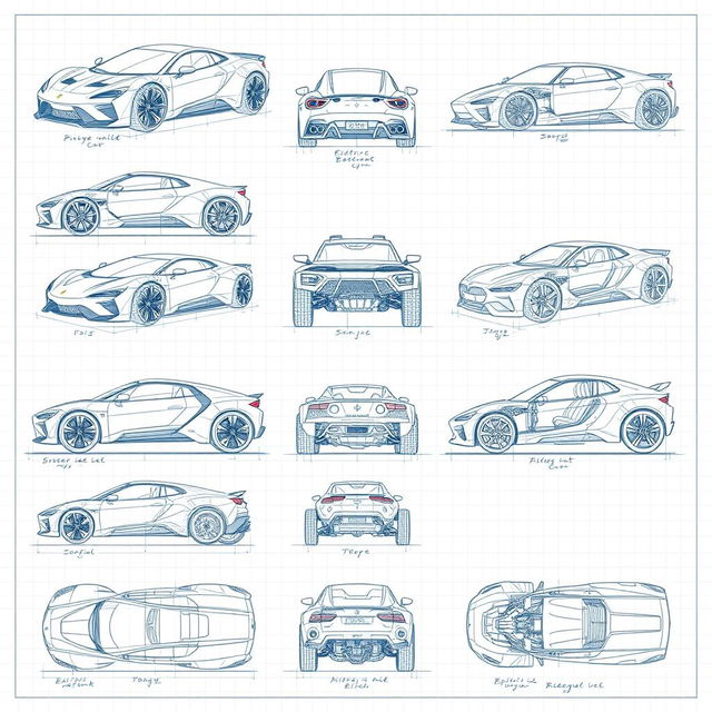 Series of 30 unique 3D blueprint sketches of various futuristic cars, each showcasing different angles such as front, side, back, and top views