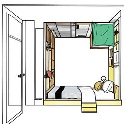 Generate an optimized interior design for a 12x12 bedroom with minimal storage, focusing on a favorable position for an iron almirah, while eliminating the need for a trunk.