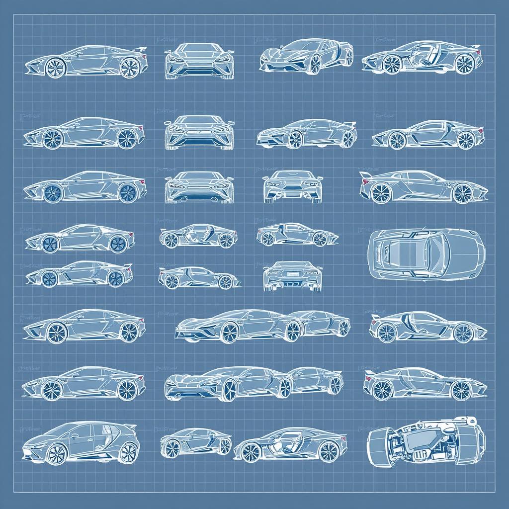 Series of 50 detailed 3D blueprint sketches of various futuristic cars, each one showing different angles such as front, side, back, and top views