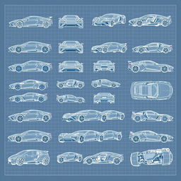 Series of 50 detailed 3D blueprint sketches of various futuristic cars, each one showing different angles such as front, side, back, and top views