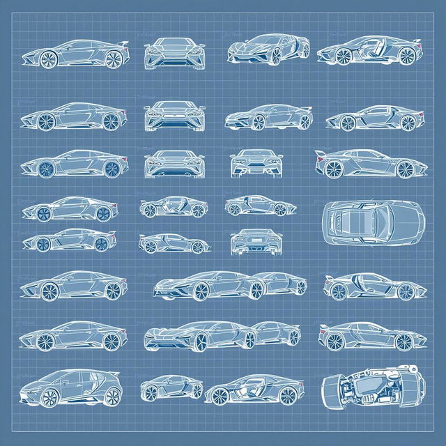 Series of 50 detailed 3D blueprint sketches of various futuristic cars, each one showing different angles such as front, side, back, and top views