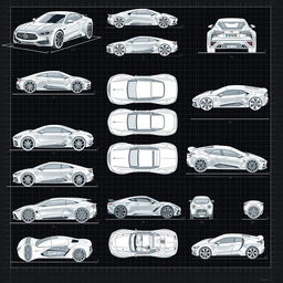 Series of 50 detailed 3D blueprint sketches of various futuristic cars, each one showing different angles such as front, side, back, and top views