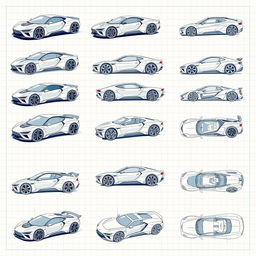 Series of 50 detailed 3D blueprint sketches of various futuristic cars, each one showing different angles such as front, side, back, and top views