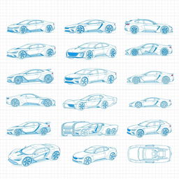 Series of 50 detailed 3D blueprint sketches of various futuristic cars, each one showing different angles such as front, side, back, and top views