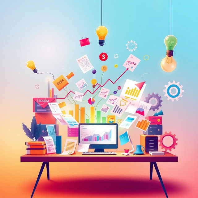 An inspiring image symbolizing productivity, featuring a vibrant scene of a workspace filled with dynamic elements