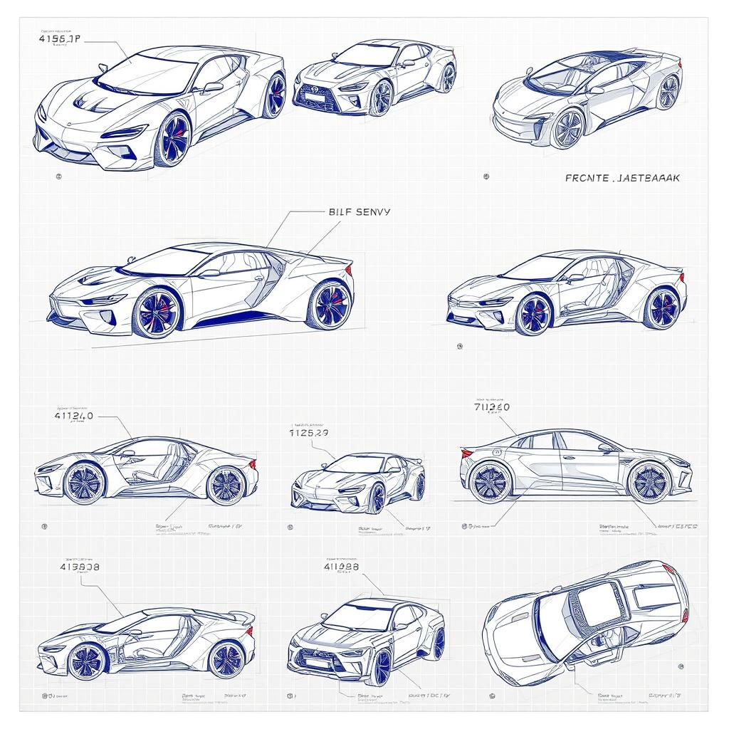 Series of 10 intricate 3D blueprint sketches of futuristic cars, each highlighting different angles like front, side, back, and top views