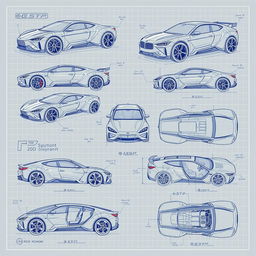 Series of 10 intricate 3D blueprint sketches of futuristic cars, each highlighting different angles like front, side, back, and top views