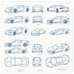 Series of 10 intricate 3D blueprint sketches of futuristic cars, each highlighting different angles like front, side, back, and top views