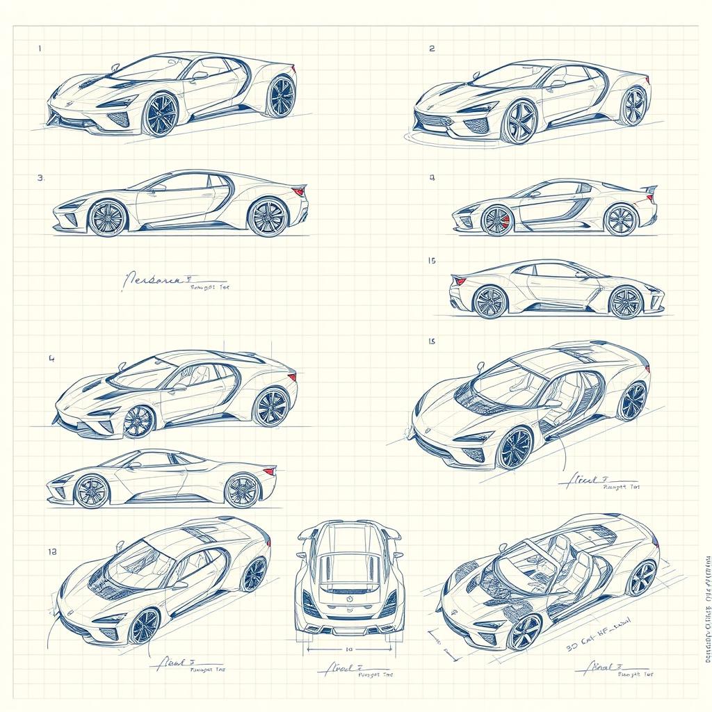 Series of 10 intricate 3D blueprint sketches of futuristic cars, each highlighting different angles like front, side, back, and top views