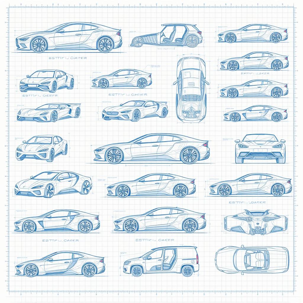 A collection of 20 high-quality and highly detailed 3D blueprint sketches of various futuristic cars