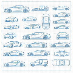 A collection of 20 high-quality and highly detailed 3D blueprint sketches of various futuristic cars