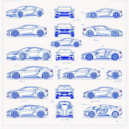 A collection of 20 high-quality and highly detailed 3D blueprint sketches of various futuristic cars