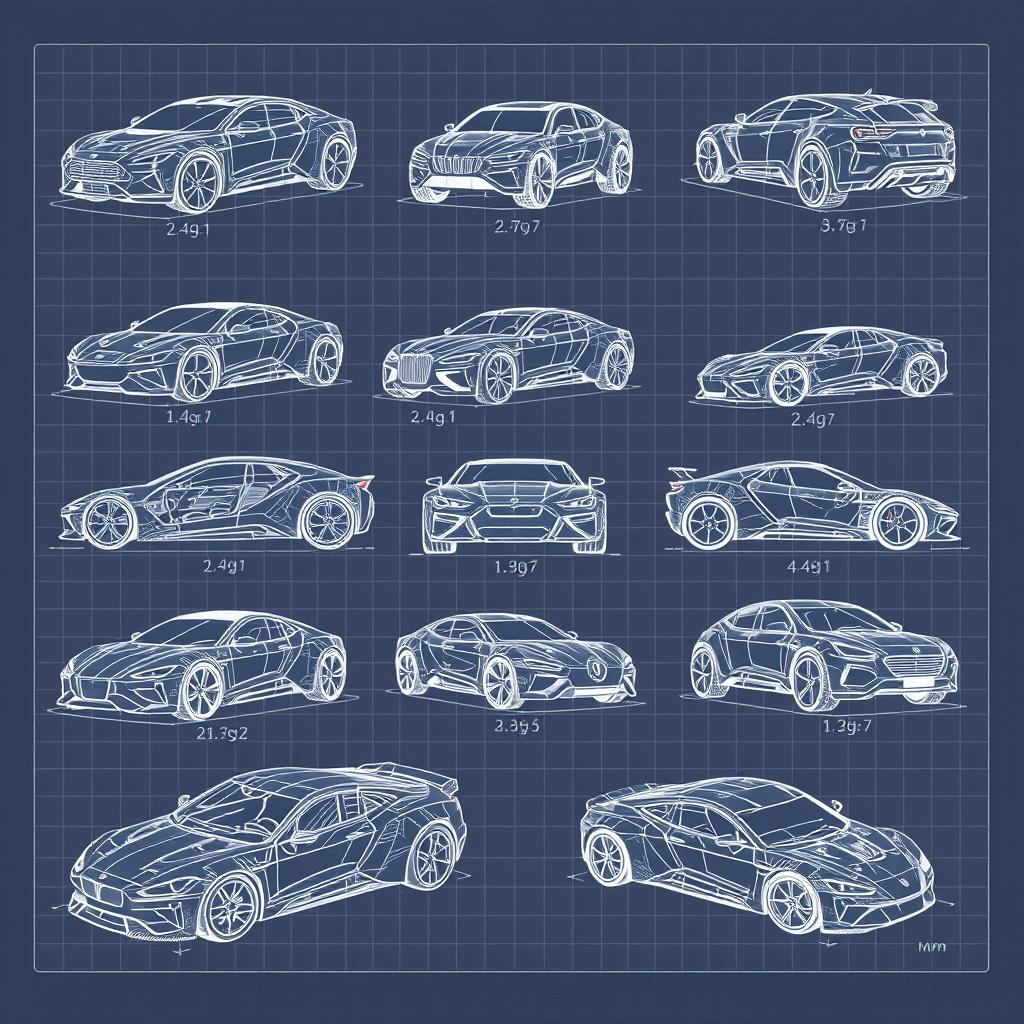 A collection of 20 high-quality and highly detailed 3D blueprint sketches of various futuristic cars