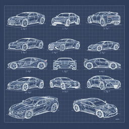 A collection of 20 high-quality and highly detailed 3D blueprint sketches of various futuristic cars