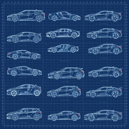 A collection of 20 high-quality and highly detailed 3D blueprint sketches of various futuristic cars