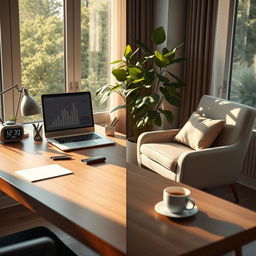 A hyper-realistic portrayal of harmony between productivity and life balance, showcasing a meticulously detailed workspace that seamlessly merges with elements of relaxation