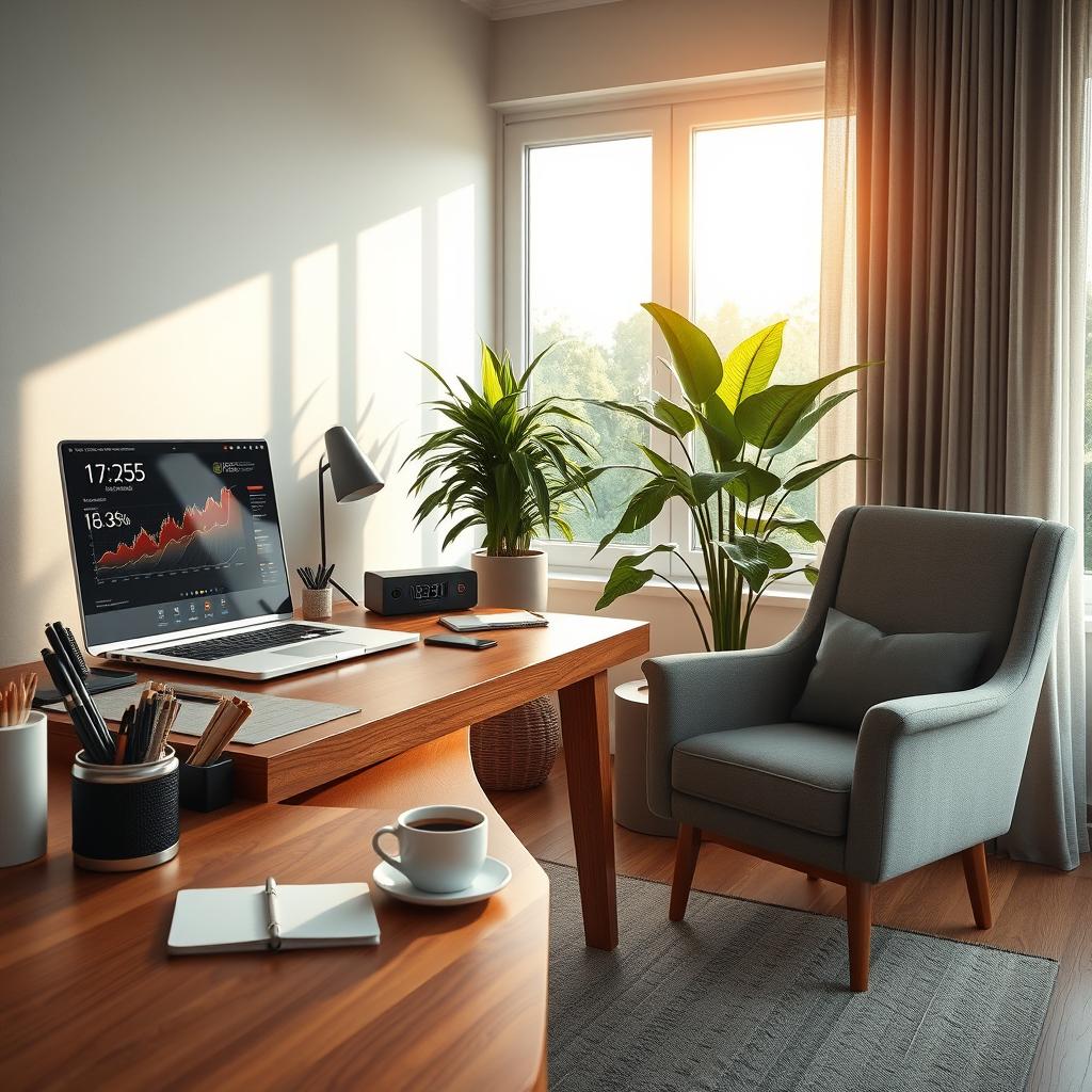 A hyper-realistic portrayal of harmony between productivity and life balance, showcasing a meticulously detailed workspace that seamlessly merges with elements of relaxation