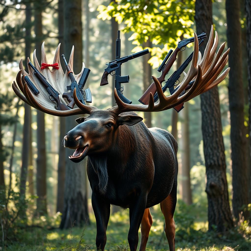 A moose standing majestically in a forest, its massive antlers adorned with sophisticated, intricately designed guns instead of typical tree branches