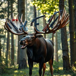 A moose standing majestically in a forest, its massive antlers adorned with sophisticated, intricately designed guns instead of typical tree branches