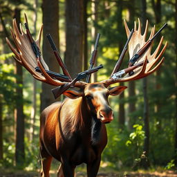 A moose standing majestically in a forest, its massive antlers adorned with sophisticated, intricately designed guns instead of typical tree branches