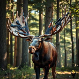 A moose standing majestically in a forest, its massive antlers adorned with sophisticated, intricately designed guns instead of typical tree branches