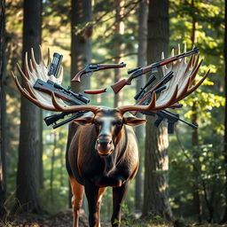 A moose standing majestically in a forest, its massive antlers adorned with sophisticated, intricately designed guns instead of typical tree branches