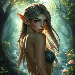 A beautifully crafted fantasy scene featuring an elegant and sultry elf with large, alluring eyes and long flowing hair